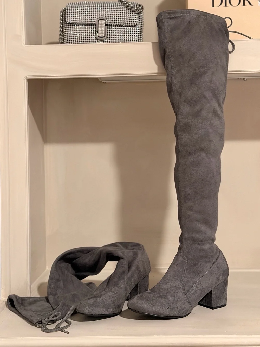 Gray Over-the-Knee Suede Boots - Women